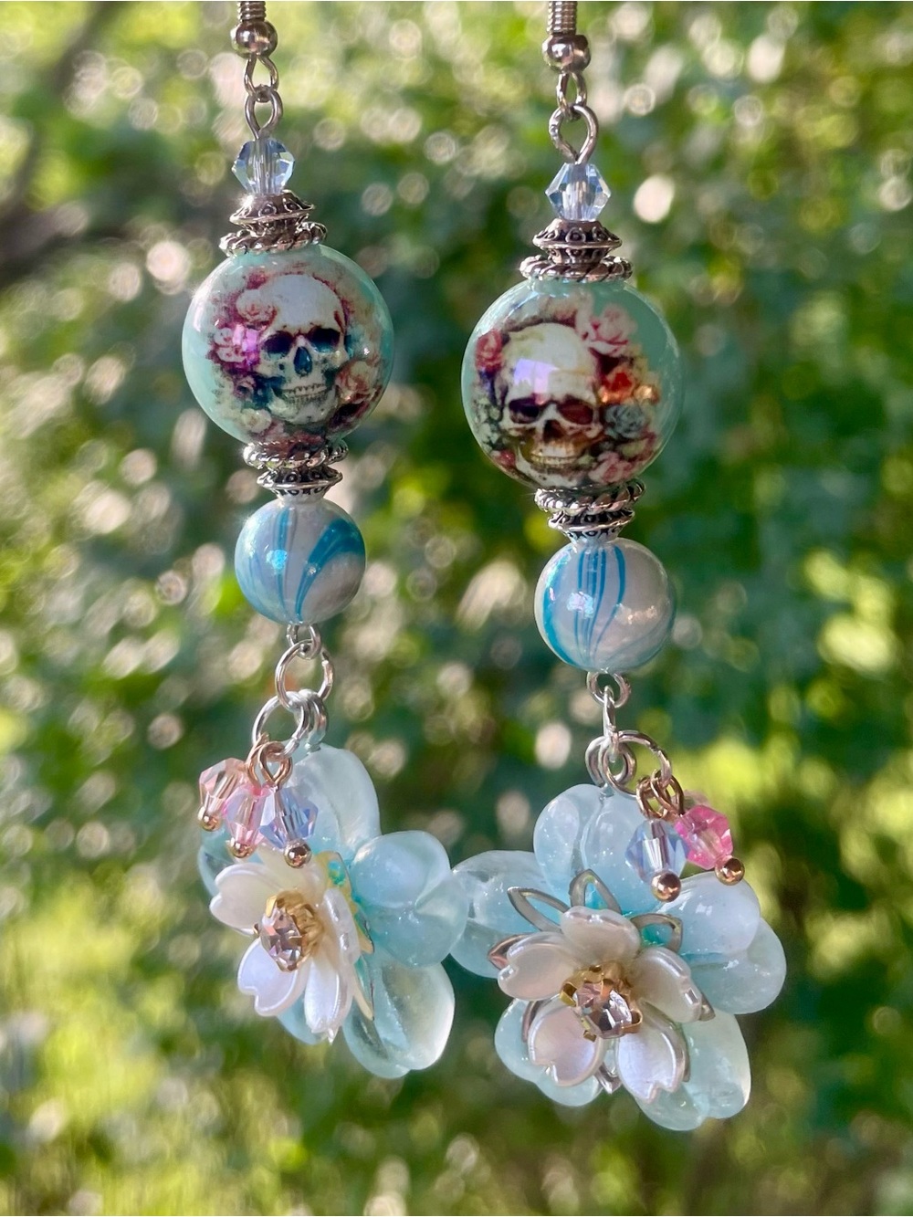Hand Crafted Blue Floral Skull Drop Earrings